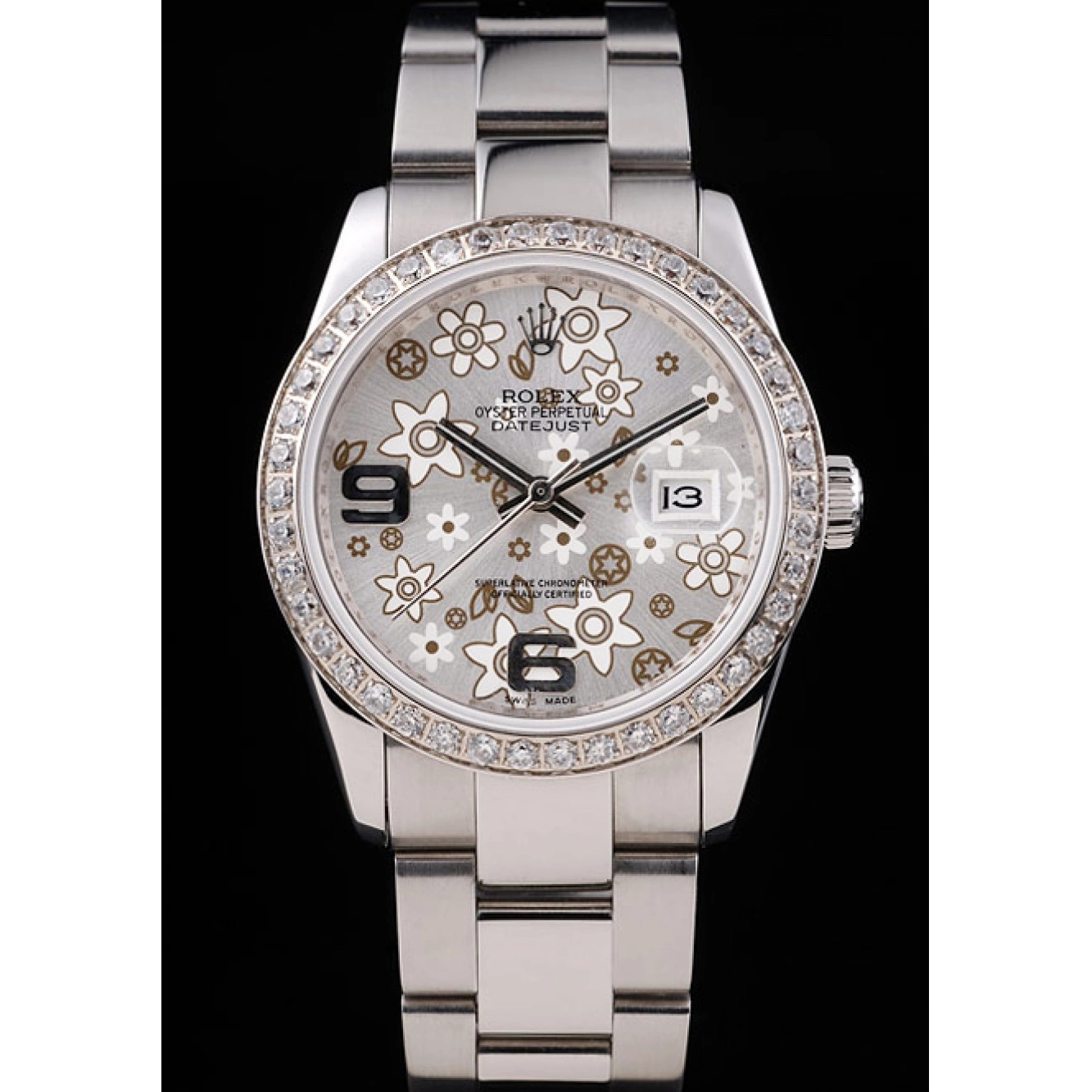 Best AAA Replica Sites Diamond Rolex Steel Datejust Flowers Plated rl305 Silver Dial Stainless 0524